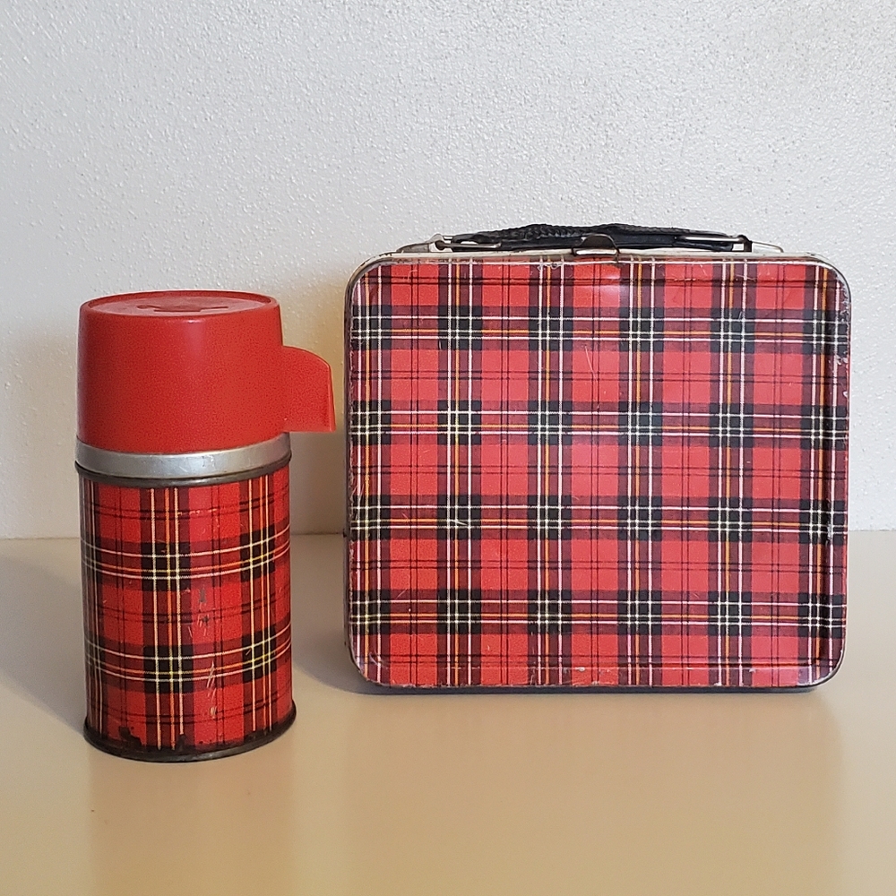 🔥 SOLD Vintage Red Plaid Metal Lunchbox and Aladdin Thermos